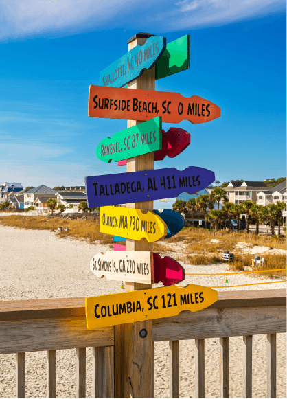 A decorative signpost in Surfside Beach showing the distance to various landmarks.