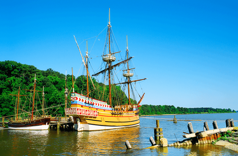 A beautifully recreated ship docked as part of the Jamestown Settlement in Virginia.