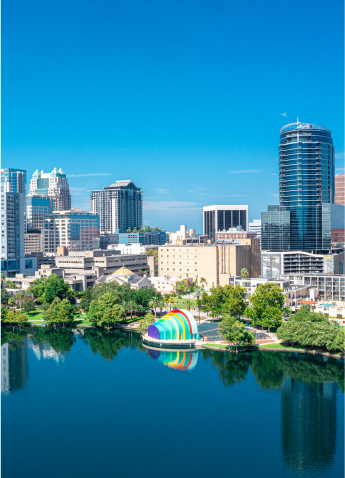 An aerial view of downtown Orlando near the waterway