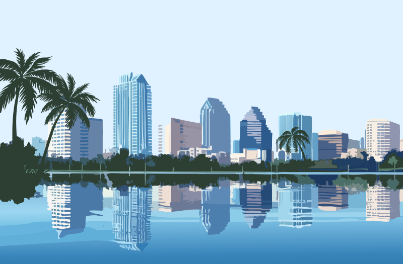 A rendering of a vibrant city skyline featuring lush tropical vegetation and a body of water reflecting the buildings in the foreground.