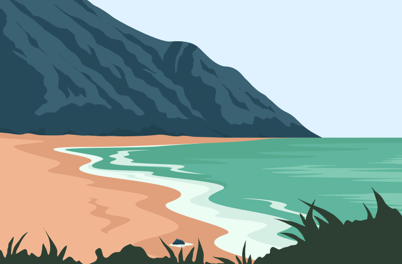 A rendering of a tranquil beach featuring soft sand and gentle waves, with a majestic mountain rising in the background.