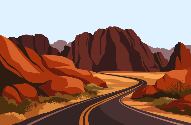 A rendering of a road winding through a desert landscape with cacti, rock formations, and mountains in the background.
