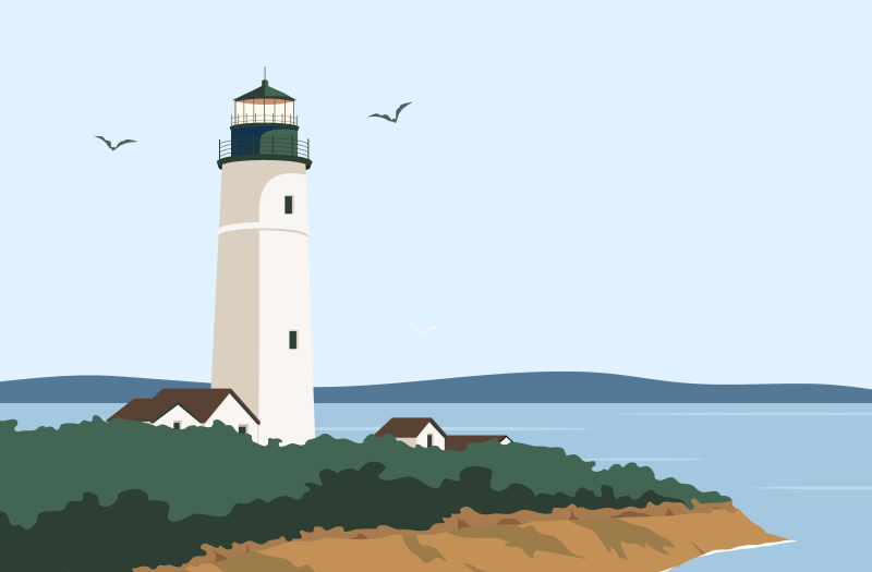 A rendering of a coastal lighthouse with birds flying overhead and the ocean in the background.