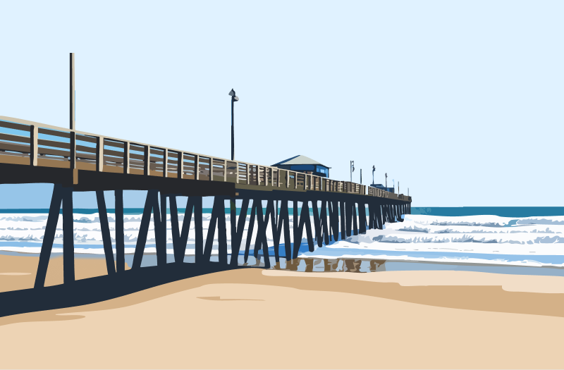 A rendering of a beach pier extending into the ocean, with gentle waves crashing against its base.