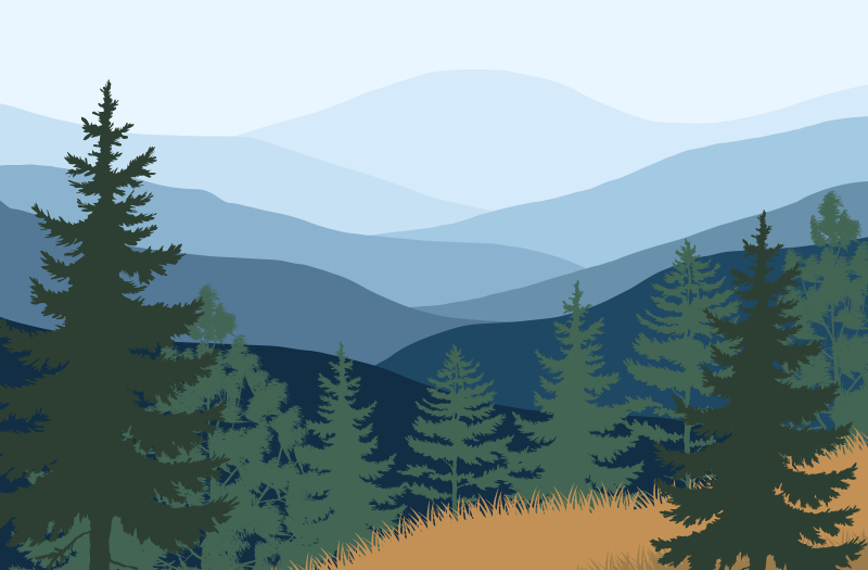 A rendering of a scenic mountain landscape featuring tall pine trees and majestic mountains in the background.