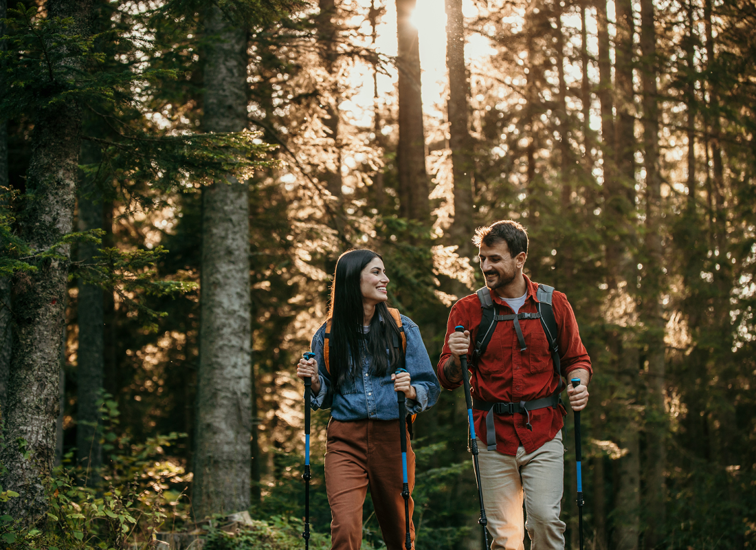 Two people walking in the forest