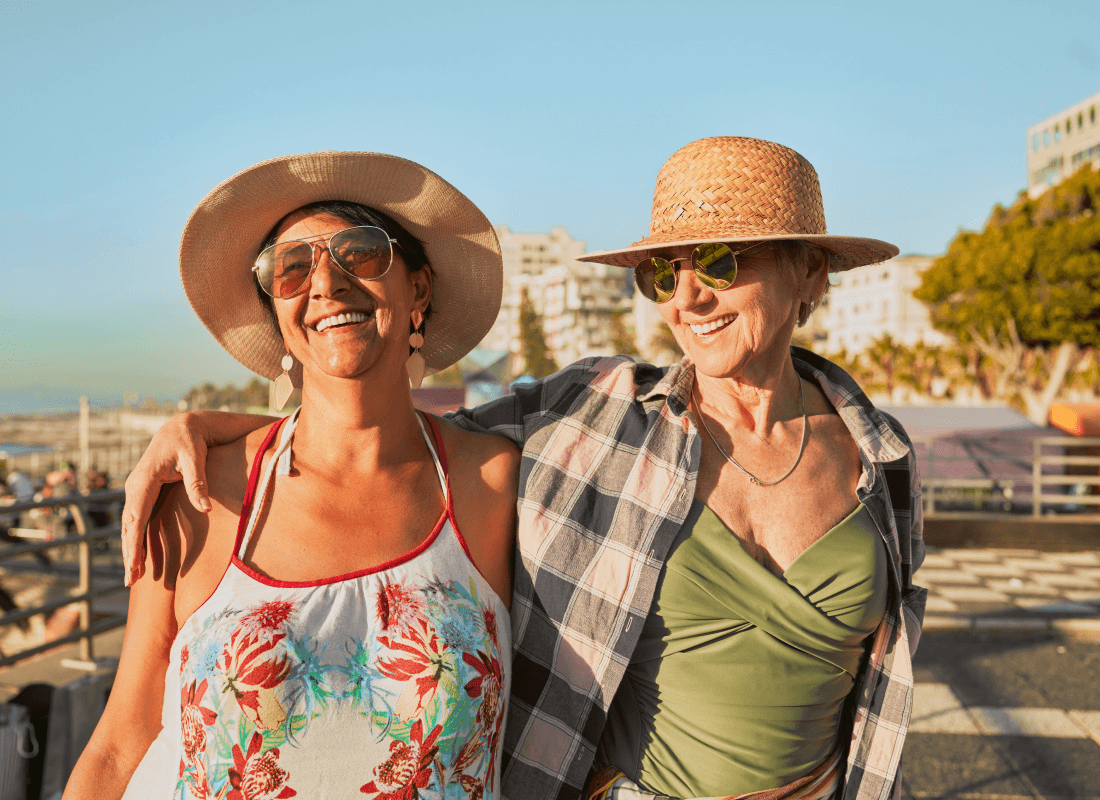 Two women enjoying golden hour on vacation