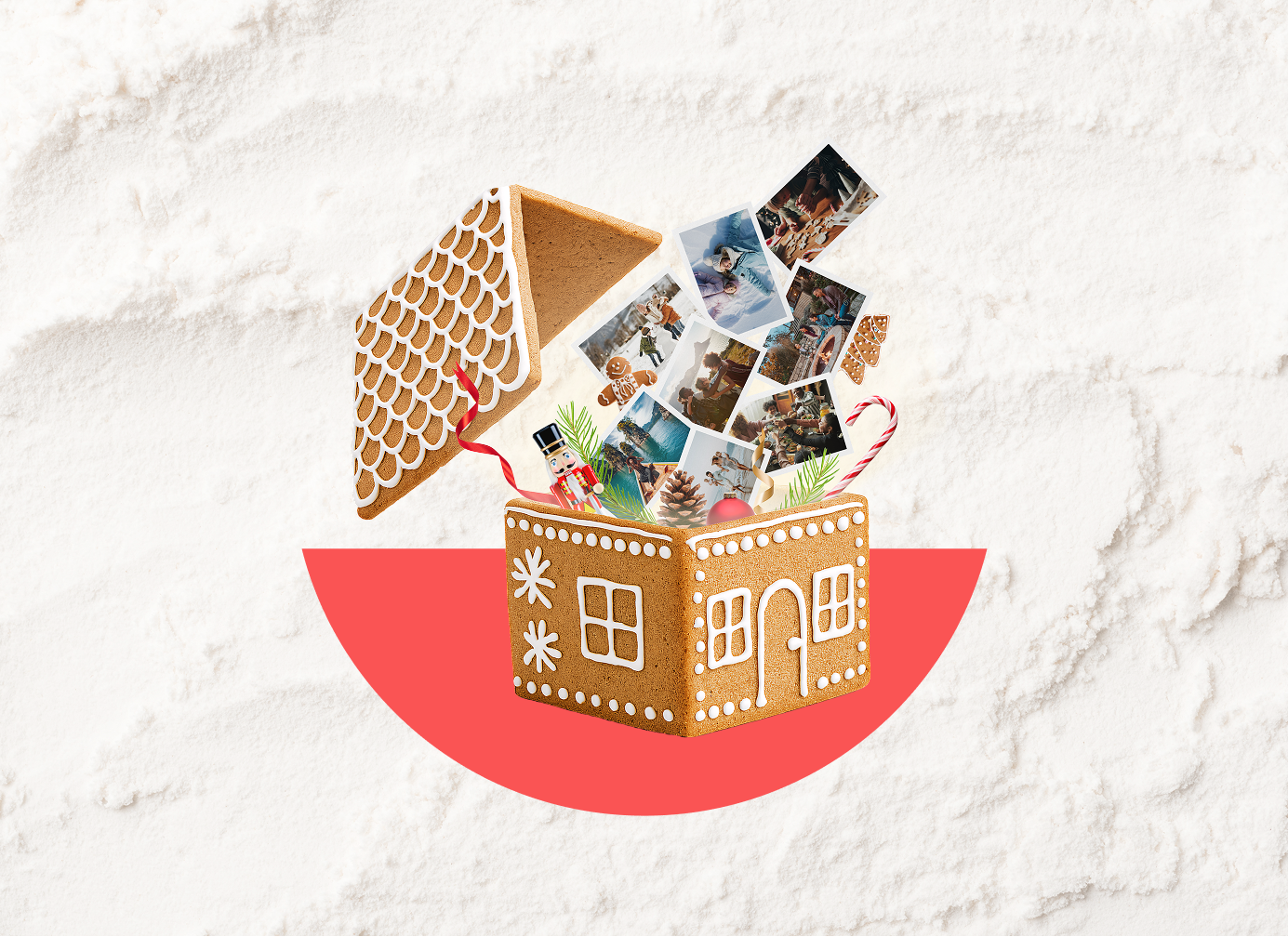 A gingerbread house with the roof tilted back and a nutcracker, ornament, and numerous Polaroid vacation images popping out.
