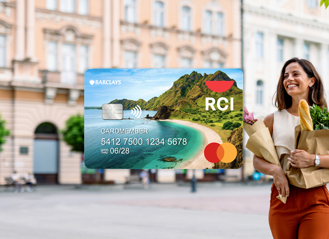 A woman walking with a paper bag of groceries with a Barclays RCI credit card in the middle.