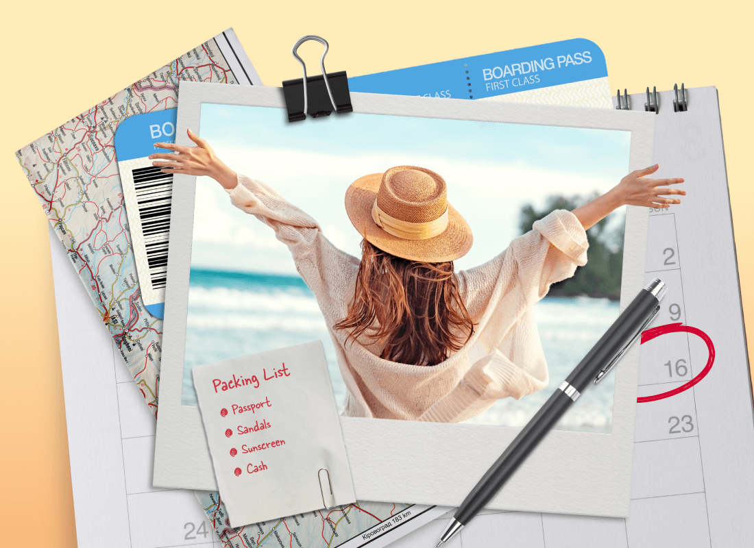 A polaroid of a woman with her arms out in happiness stacked on a map, boarding pass, calendar, packing list, and a pen.