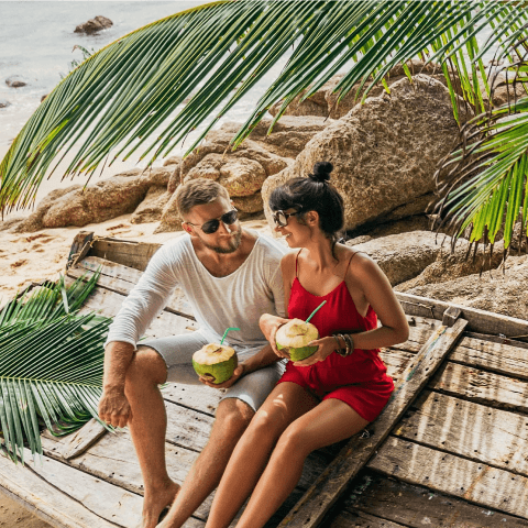 A man and woman wearing sunglasses relaxing together on a wooden structure under palm fronds, sipping fresh coconut drinks on a rocky beach.