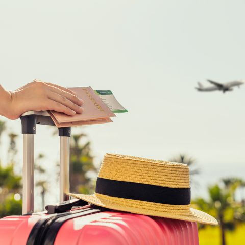 A hand resting on a pink suitcase handle with a passport and boarding pass, with a straw hat on top and an airplane flying overhead.