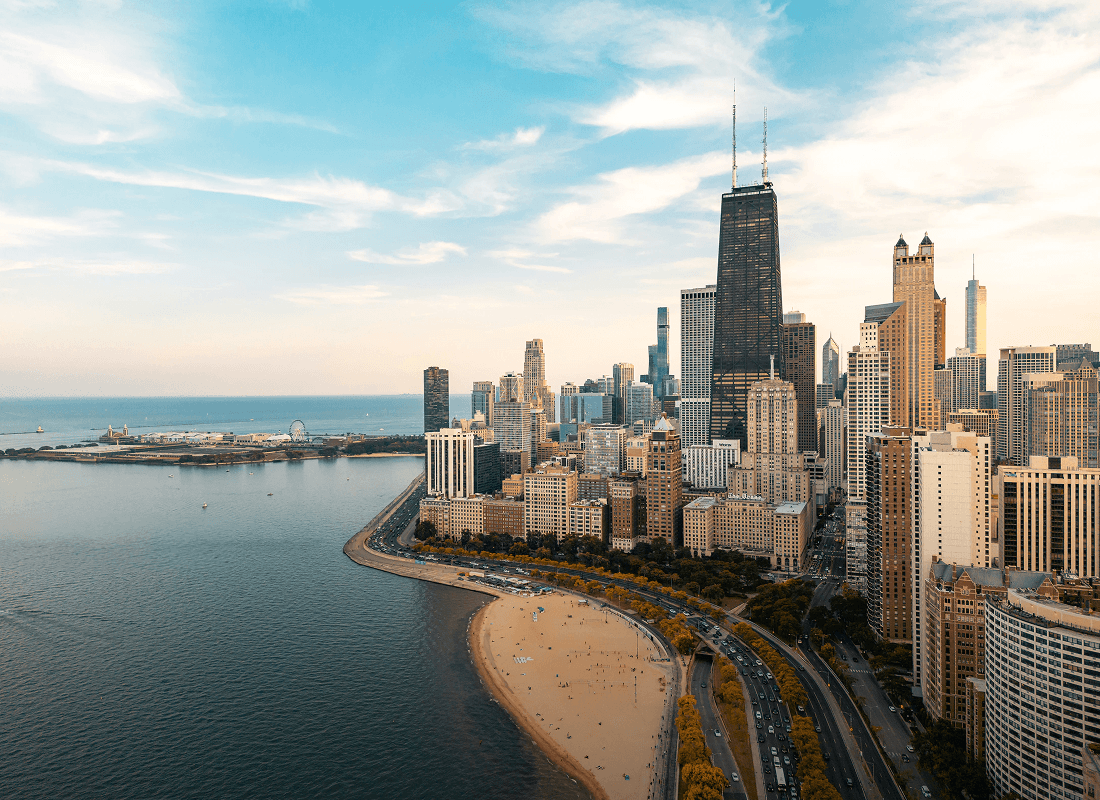 Aerial view of downtown Chicago skyscrapers and waterfront along Lake Michigan in Illinois.