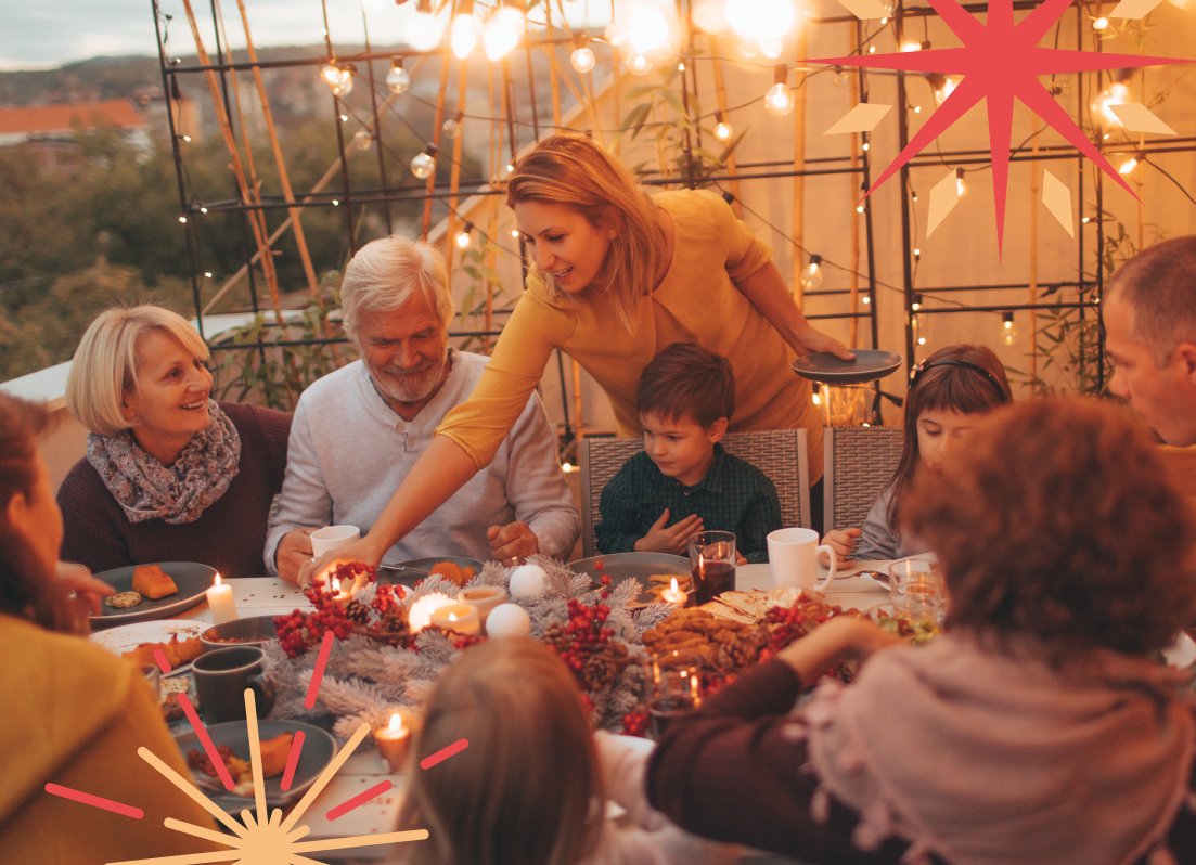 A family celebrating a festive holiday dinner