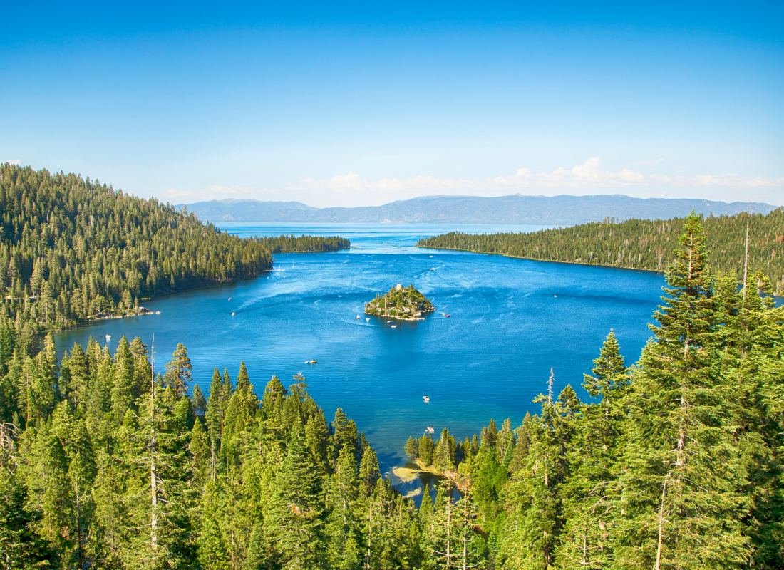 An aerial view of a splendid lake surrounded by lush green forest