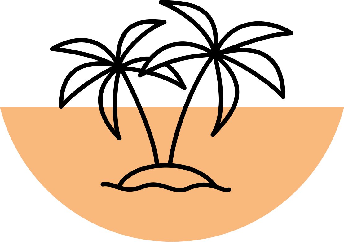 A line icon of two palm trees on an island.