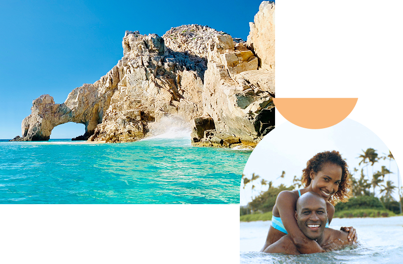 A look at the iconic natural stone arch in Los Cabos surrounded by vibrant turquoise water, slightly overlaid with an image of a smiling couple embracing in the ocean.