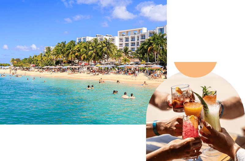 A look at Doctor’s Cave Beach in Montego Bay with palm trees, many beach umbrellas, and people enjoying the day, slightly overlaid with an image of five friends toasting drinks.
