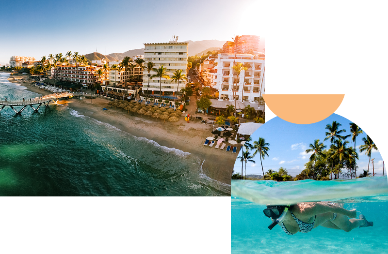 A look at the coastline and beachfront hotels in Puerto Vallarta with a pedestrian pier extending over the ocean waves, slightly overlaid with an image of a person snorkeling in clear water.