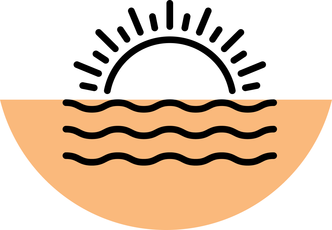 A line icon of a sun setting into a wavy ocean.