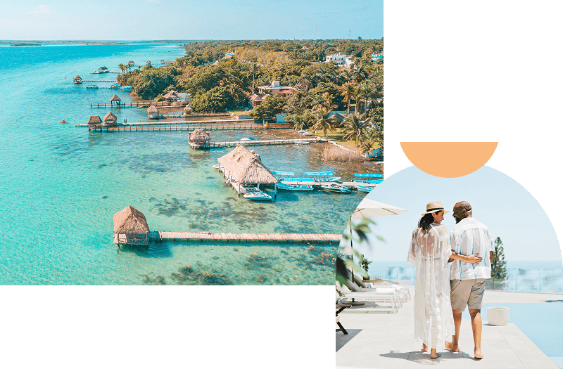 Overwater bungalows perched above crystal-clear water in Bacalar Lagoon off Mexico’s Yucatan Peninsula, slightly overlaid with an image of a couple walking next to a resort pool.