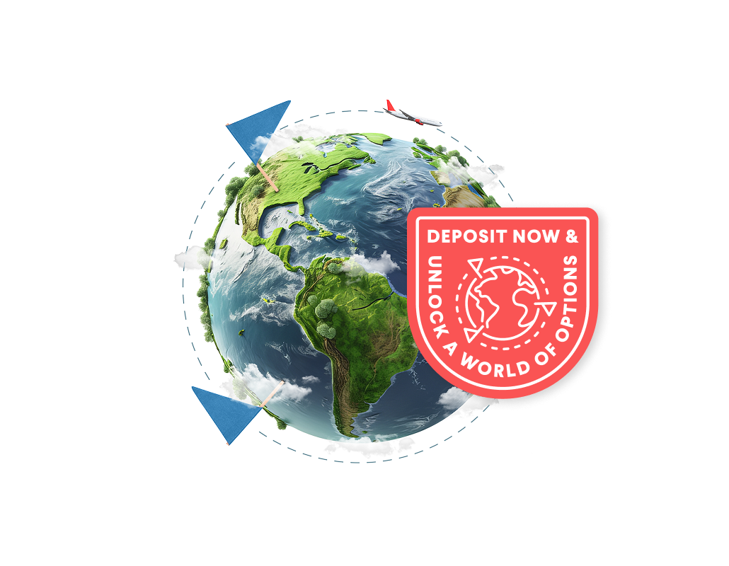 A view of the globe with three flags pinning different locations and a plane flying around.