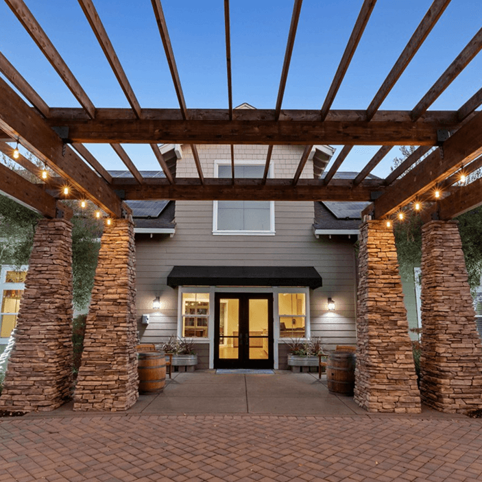 A beautiful view of the entrance of WorldMark Windsor in the early evening.