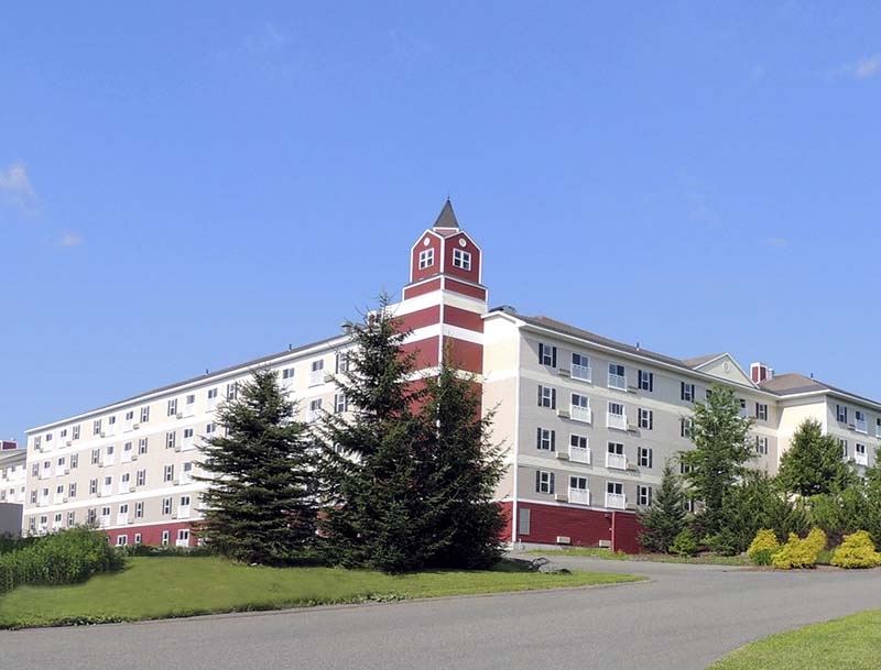 Exterior view of the lodge surrounded by pine trees and mountainous vegetation.