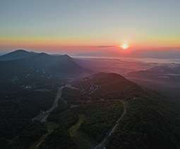 A beautiful, aerial view of the Massanutten Valley mountain ranges are dusk