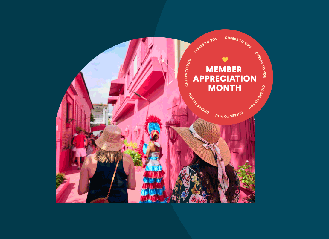 Animated GIF with an image of ladies walking in between two bright pink buildings, a smiling family standing at the beach, and an older couple drinking wine.