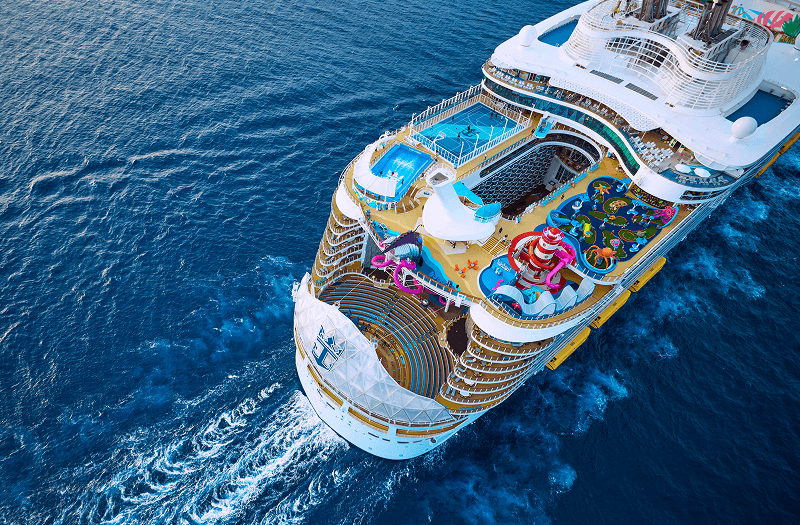  Aerial view of Royal Caribbean’s Utopia of the Seas cruise ship with lots of activities on deck.