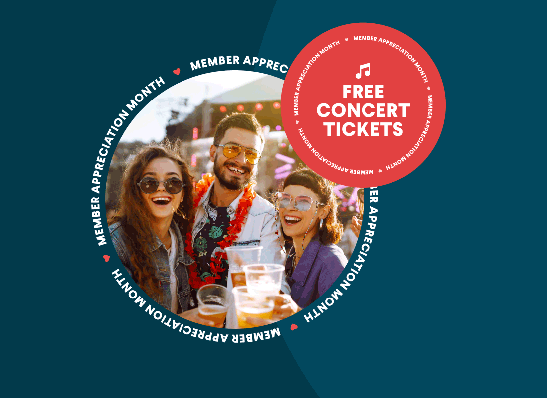 An image of three smiling friends drinking beer at a concert overlaid with a free concert ticket badge.