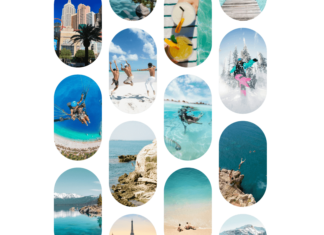 A photo collage featuring various vacation scenes, including tropical beaches, cityscapes, cliff diving, snowboarding, and tropical drinks.