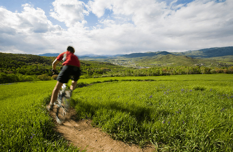 A person cycling along a scenic trail surrounded by lush green fields and mountains in the distance.