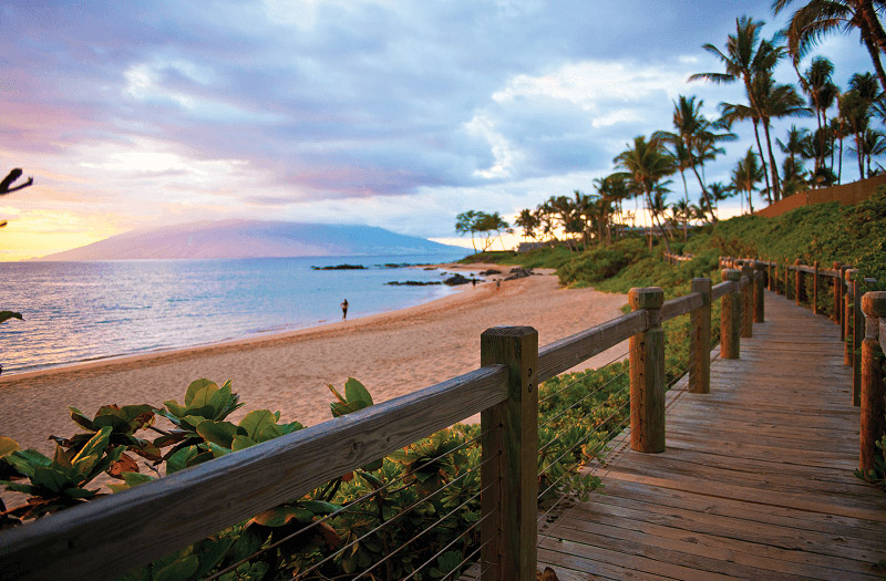 A wooden boardwalk leading towards a serene tropical beach, lined with lush palm trees.
