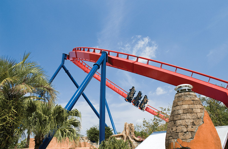 A thrilling roller coaster surrounded by greenery twists high above ground in a theme park.