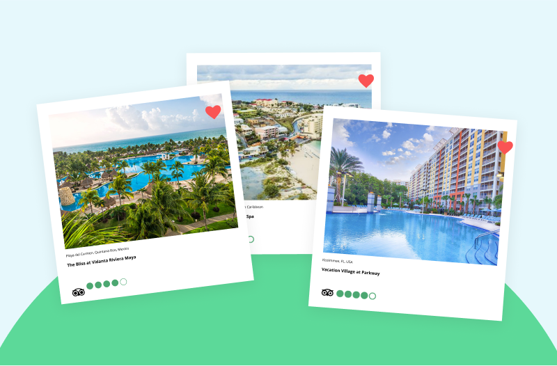 Three photos of beachside resorts tagged with hearts and customer ratings on a green semicircular background.