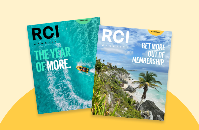 Two issues of RCI Magazine on a yellow semicircular background.