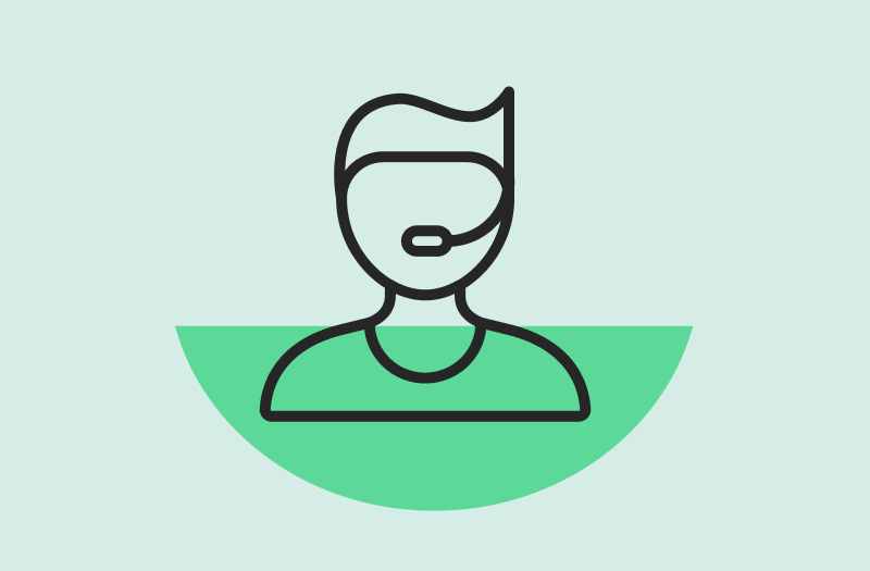 Icon of a person wearing a headset on a green semicircle background.
