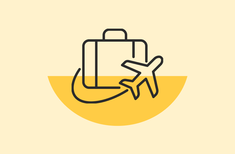 Icon of a suitcase and airplane on a yellow semicircle background.