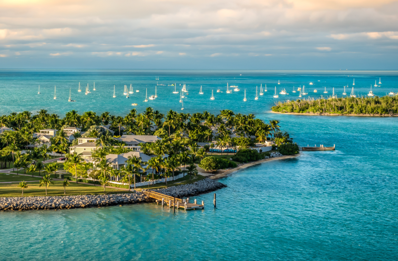 Many white sailboats off in the distance, floating along in the beautiful turquoise waters of Key West.