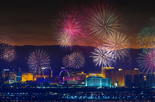 Las Vegas night skyline with fireworks in the background