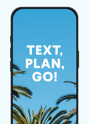 A phone screen with text saying "Text, Plan, Go!" above some palm trees in the blue sky.
