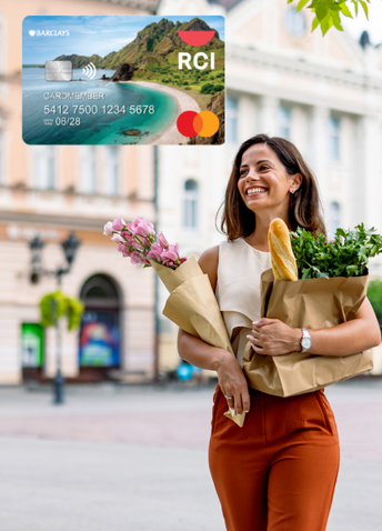 A smiling woman carrying groceries home with an RCI Barclays credit card overlayed.