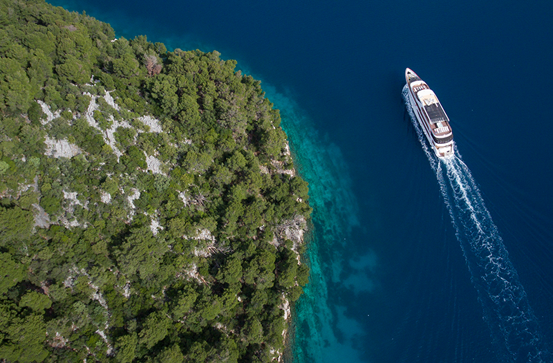 An aerial, high-angle view of a white cruise ship cruising through deep blue ocean waters alongside a dense, green forested coastline.