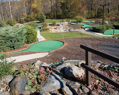A putt-putt golf course surrounded by woods.