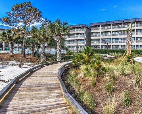 Wooden path leading to the resort.