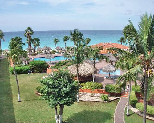 Outdoor swimming pool and ocean alongside thatched sunshades and palm trees.