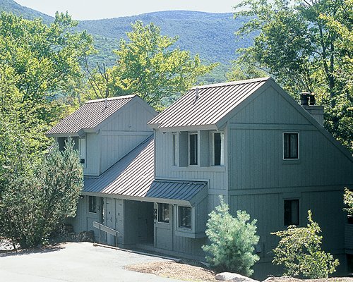 An exterior view of multiple units surrounded by trees.