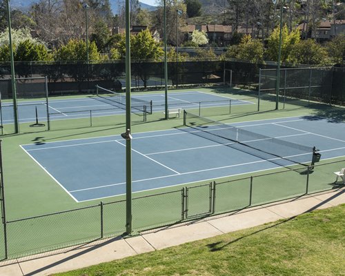 Outdoor tennis courts surrounded by wooded area.